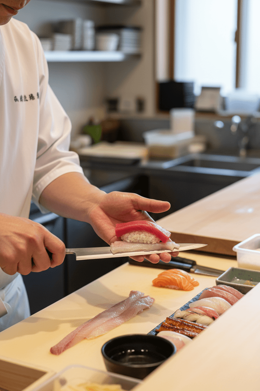 Expert sushi chef preparing fresh nigiri at Fujisan